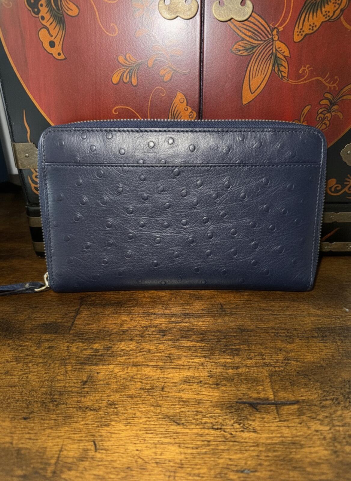 Kate Spade Beacon Court Lacey Zip Around Bow Wallet Blue Ostrich Embossed