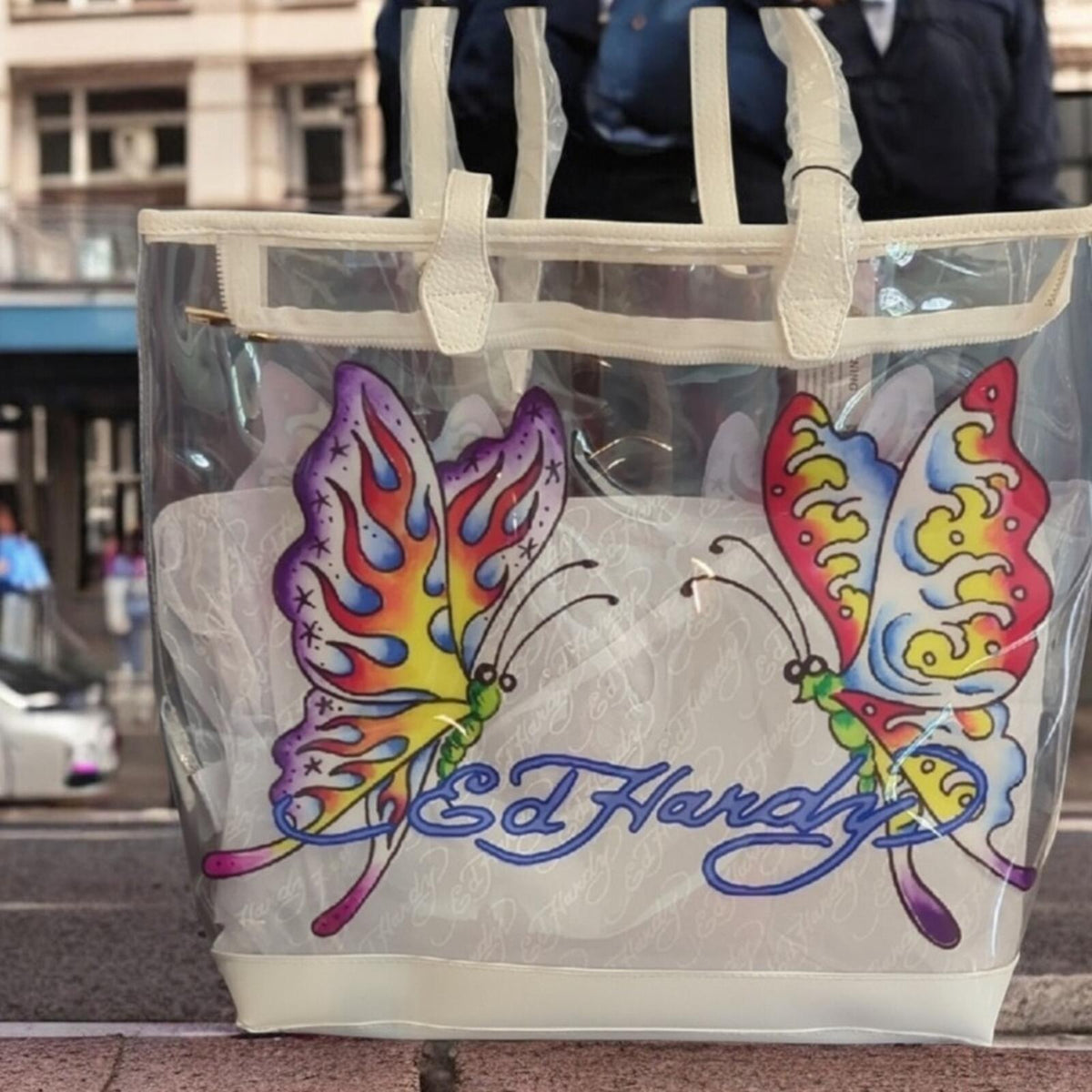 Ed Hardy Clear Butterfly Tote Bag PVC Cream Trim Stadium Bag NWT