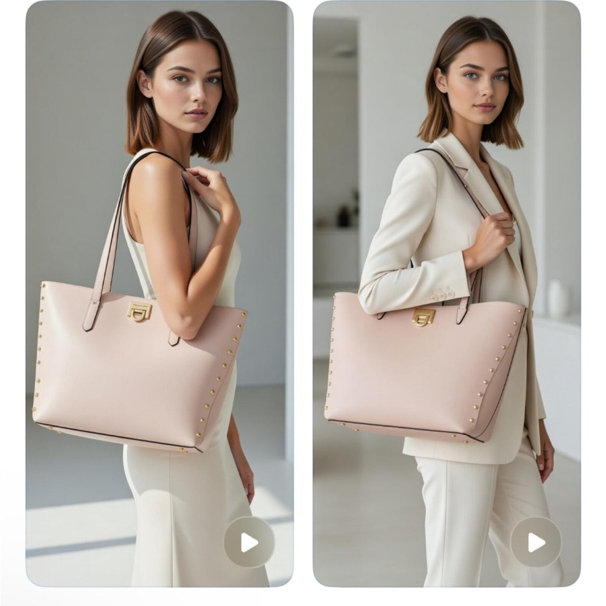 Michael Kors Large Beige and Cream Tote Shoulder Bag with Gold Studs