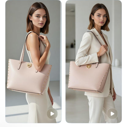 Michael Kors Large Beige and Cream Tote Shoulder Bag with Gold Studs