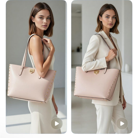 Michael Kors Large Beige and Cream Tote Shoulder Bag with Gold Studs