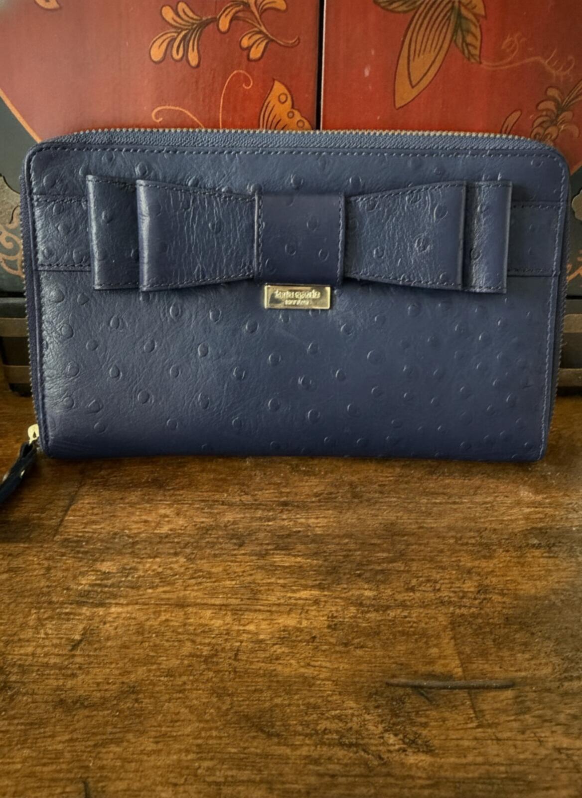 Kate Spade Beacon Court Lacey Zip Around Bow Wallet Blue Ostrich Embossed