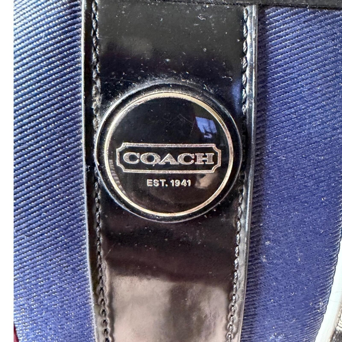 Coach Signature Stripe Satchel Bag Black Khaki Canvas Patent Leather F25526