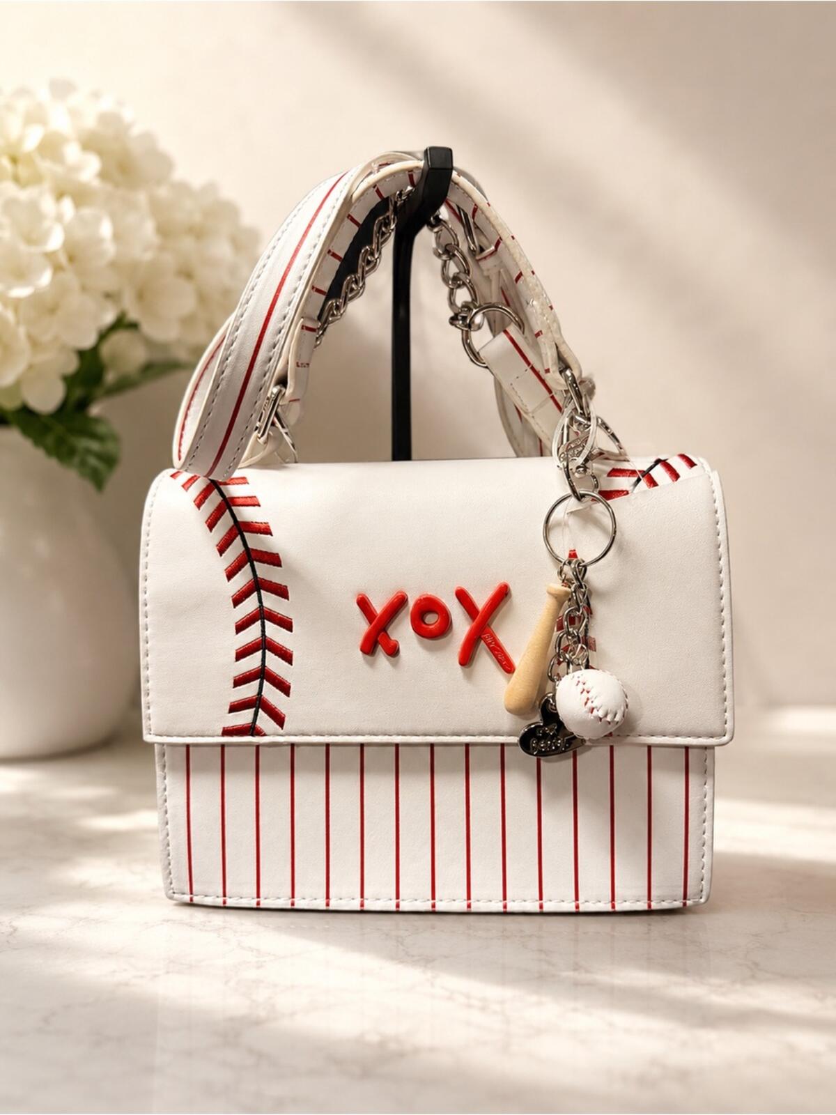 Betsey Johnson Baseball Accent Top Handle Crossbody w/Bag Charm NWT