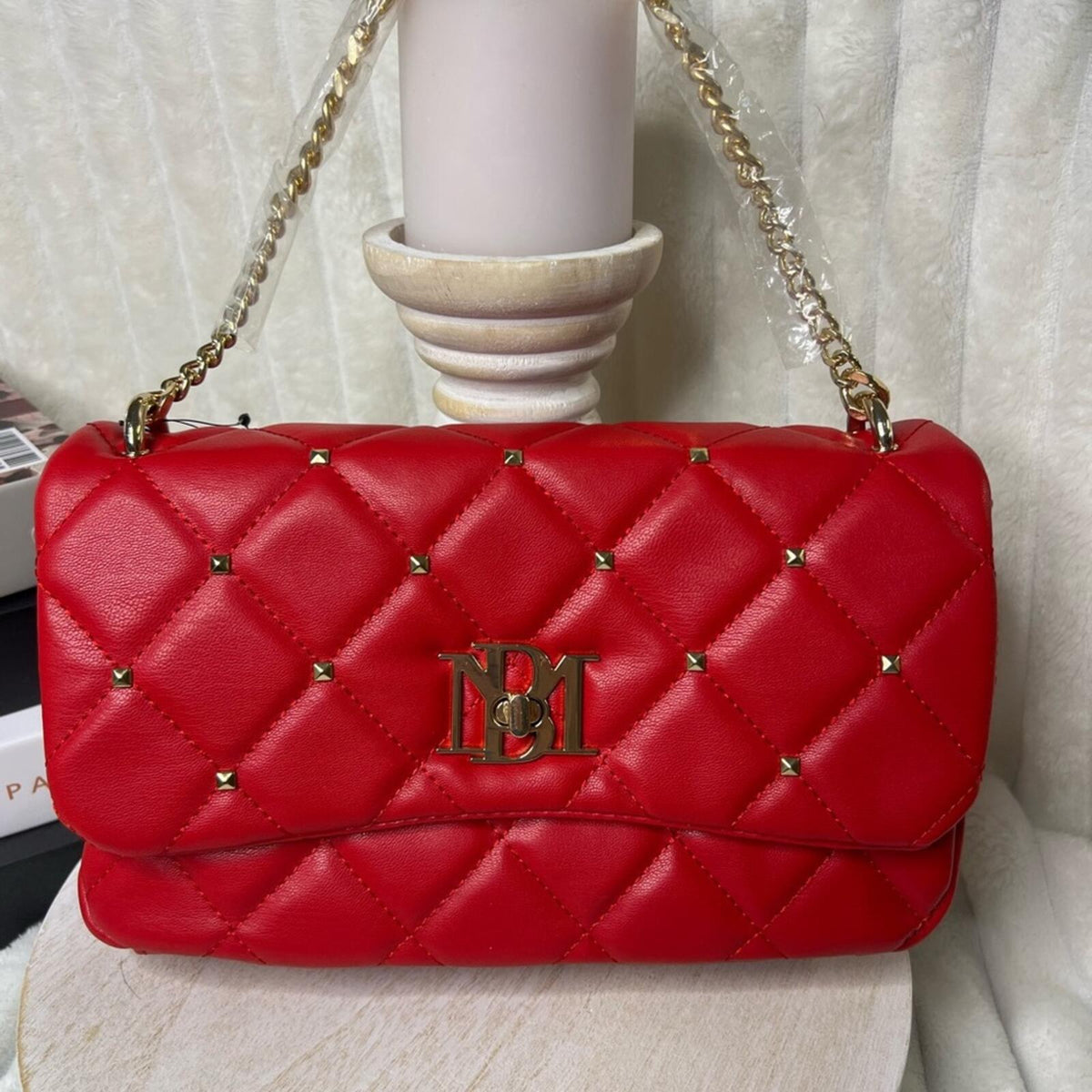 Badgley Mischka Red Quilted Crossbody Bag Gold Studs Chain Strap NWT