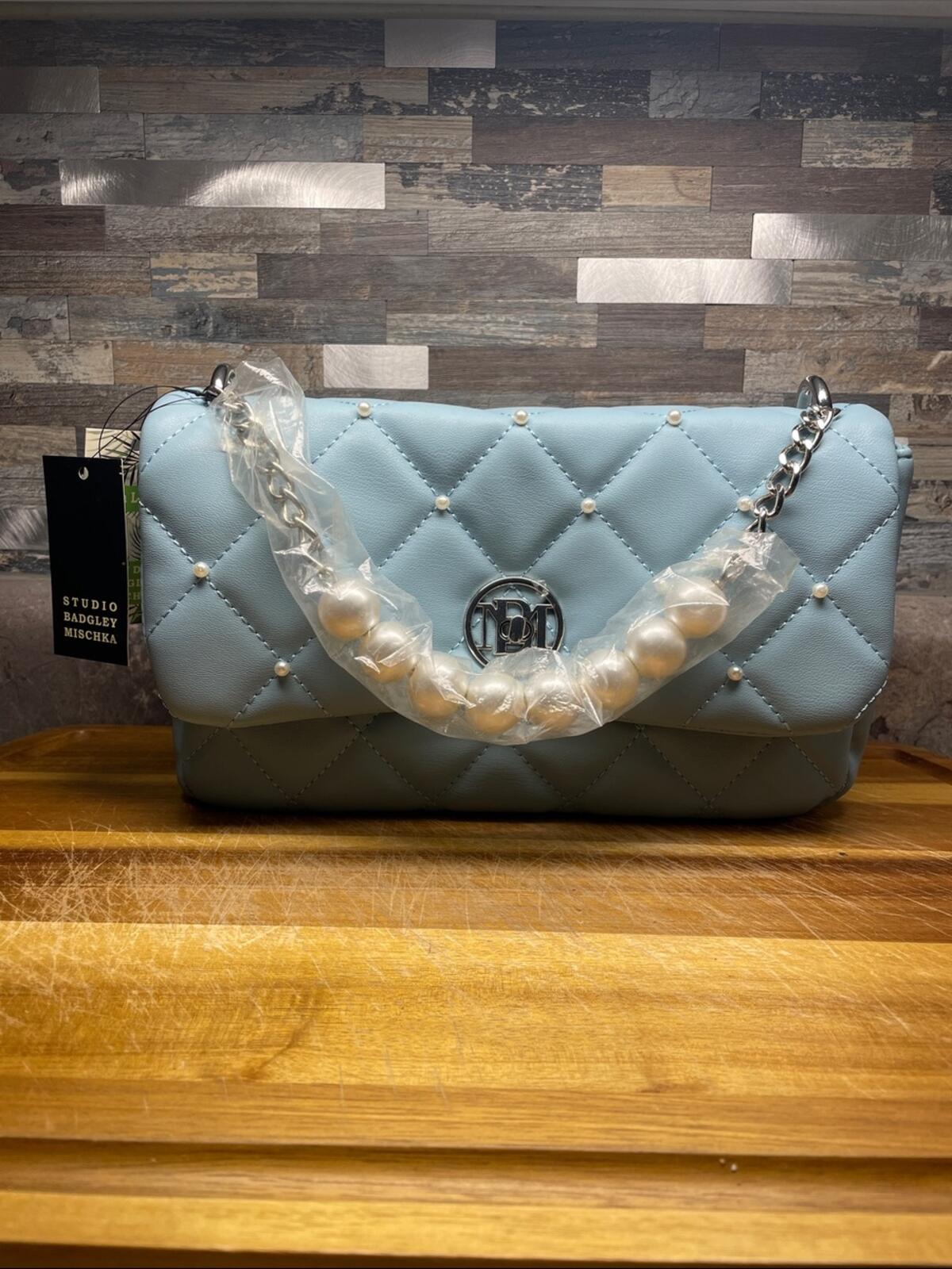 Studio Badgley Mischka Light Blue Vegan Leather Quilted Shoulder Bag with Pearl-
