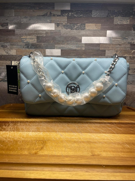 Studio Badgley Mischka Light Blue Vegan Leather Quilted Shoulder Bag with Pearl-
