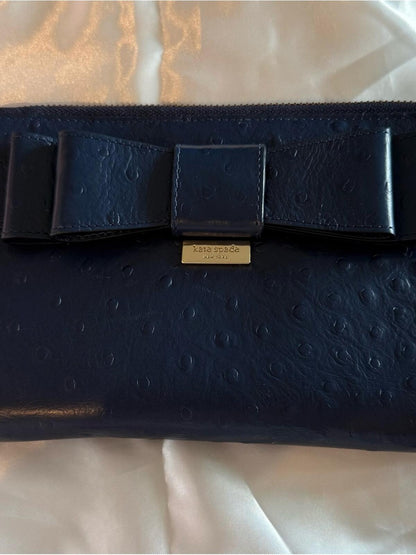 Kate Spade Beacon Court Lacey Zip Around Bow Wallet Blue Ostrich Embossed