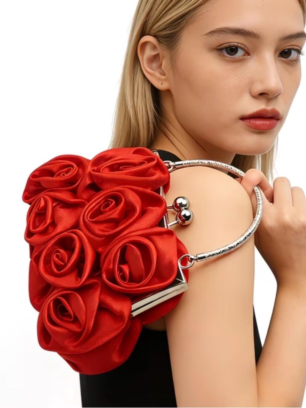Red Rose Clutch Evening Bag 3D Floral Bridal Prom Statement Purse