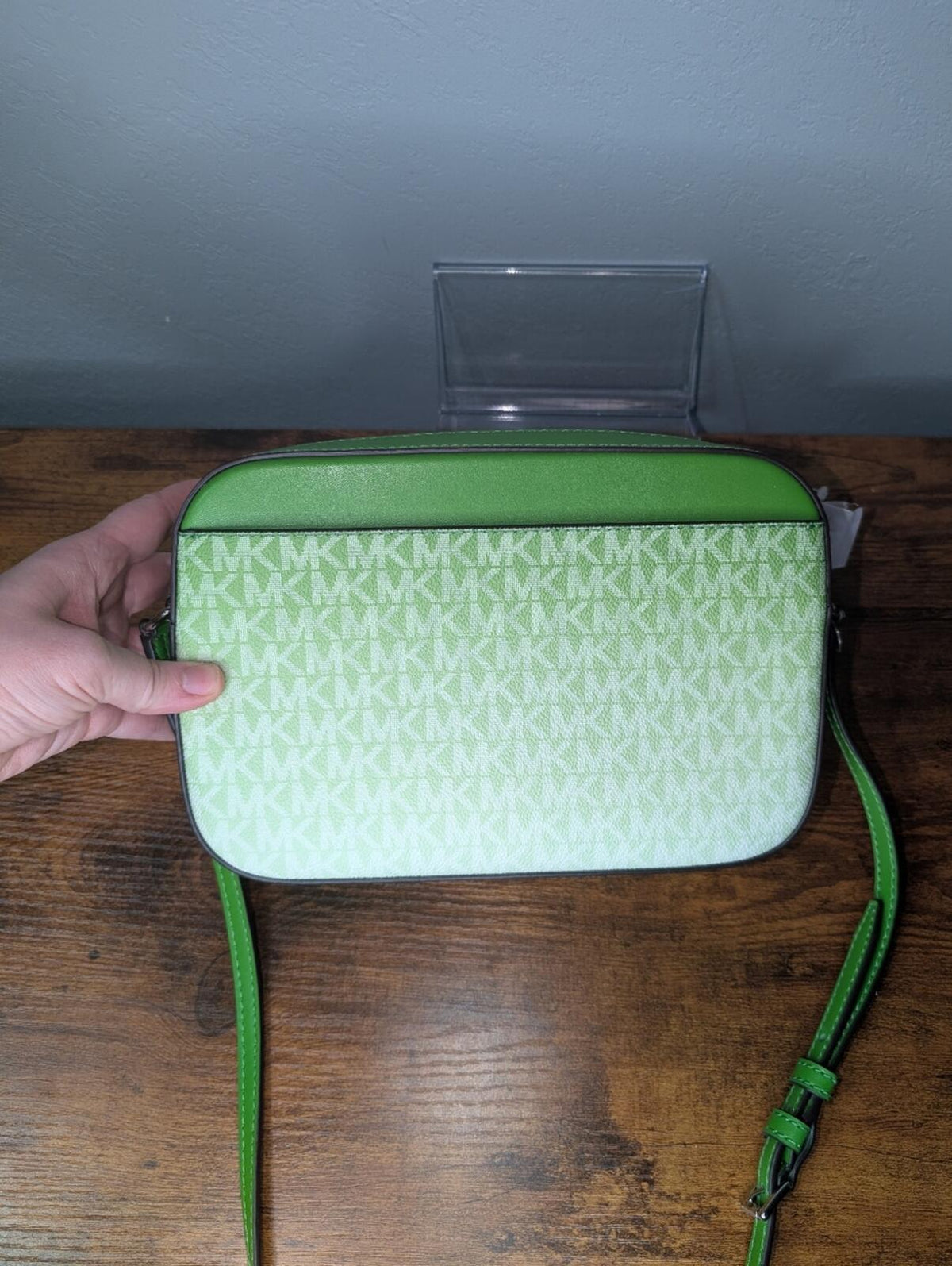 Michael Kors Green Monogram Crossbody Camera Bag with Silver Chain