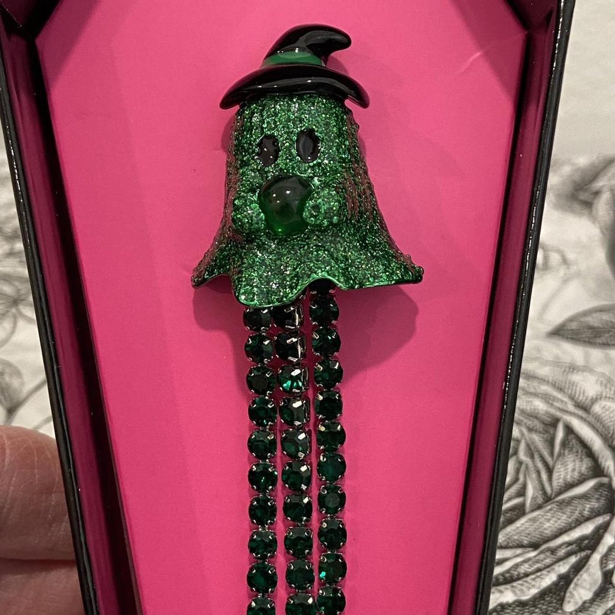 Betsey Johnson Halloween Green Witch Ghost Fringe Brooch Pin Coffin