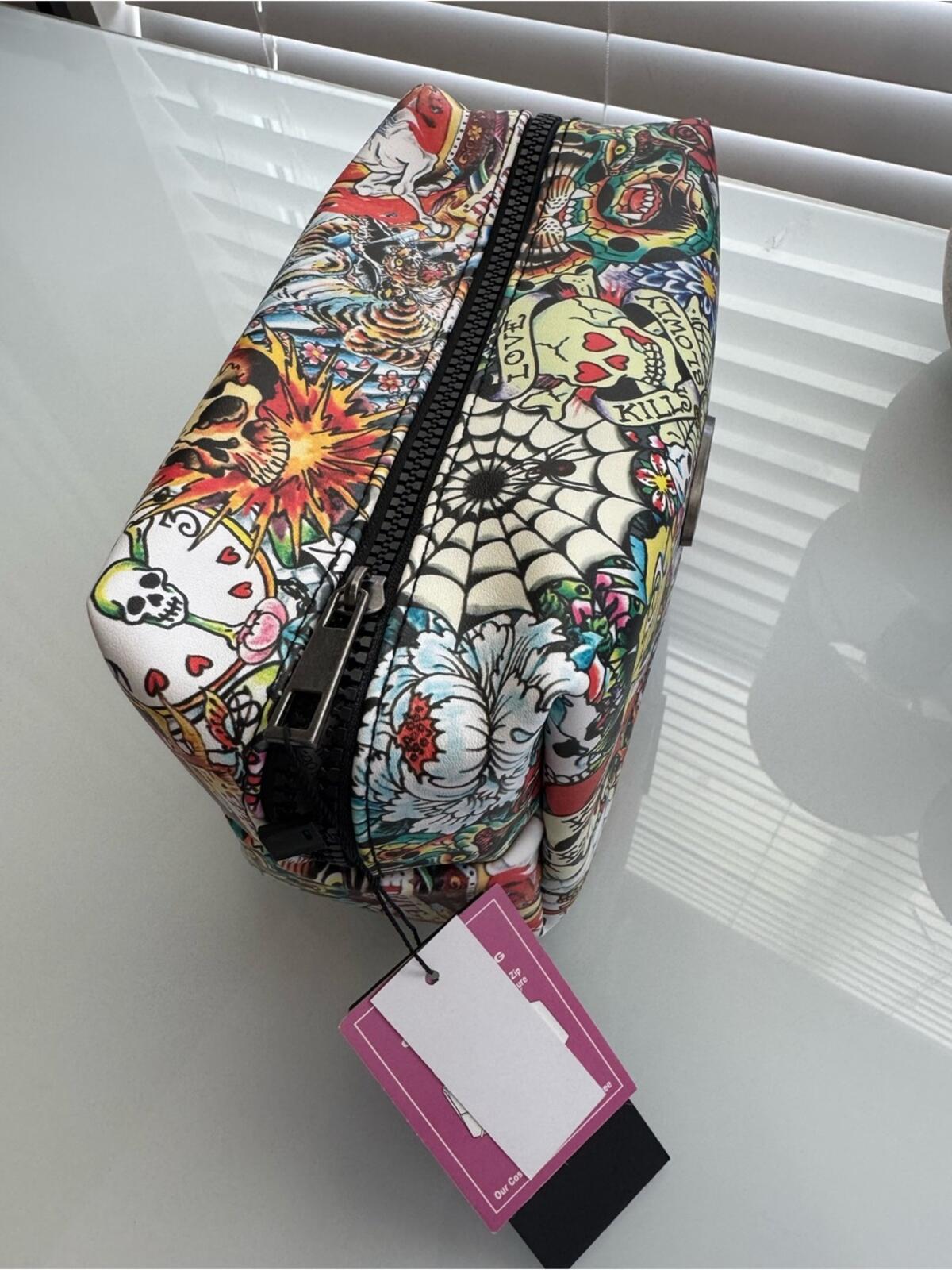 Ed Hardy Multicolor Tattoo Print Zipper Pouch Cosmetic Travel Bag