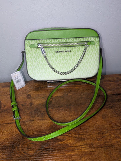 Michael Kors Green Monogram Crossbody Camera Bag with Silver Chain