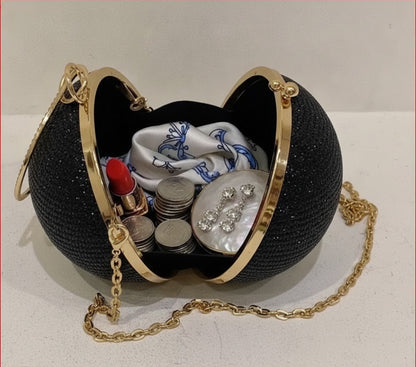 Small and Shiny Round Evening Bag with Gold Chain and Rhinestone Handle