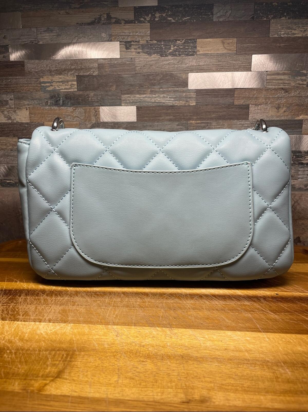 Studio Badgley Mischka Light Blue Vegan Leather Quilted Shoulder Bag with Pearl-