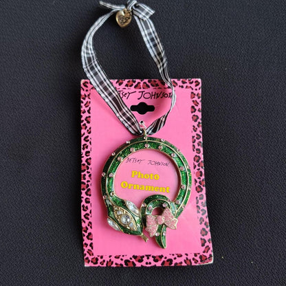 Betsey Johnson Photo Ornament with Green and Pink Rhinestones Vintage