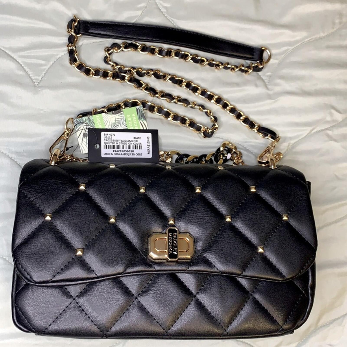 Badgley Mischka Black Crossbody Bag with Diamond Quilted & Studded Design