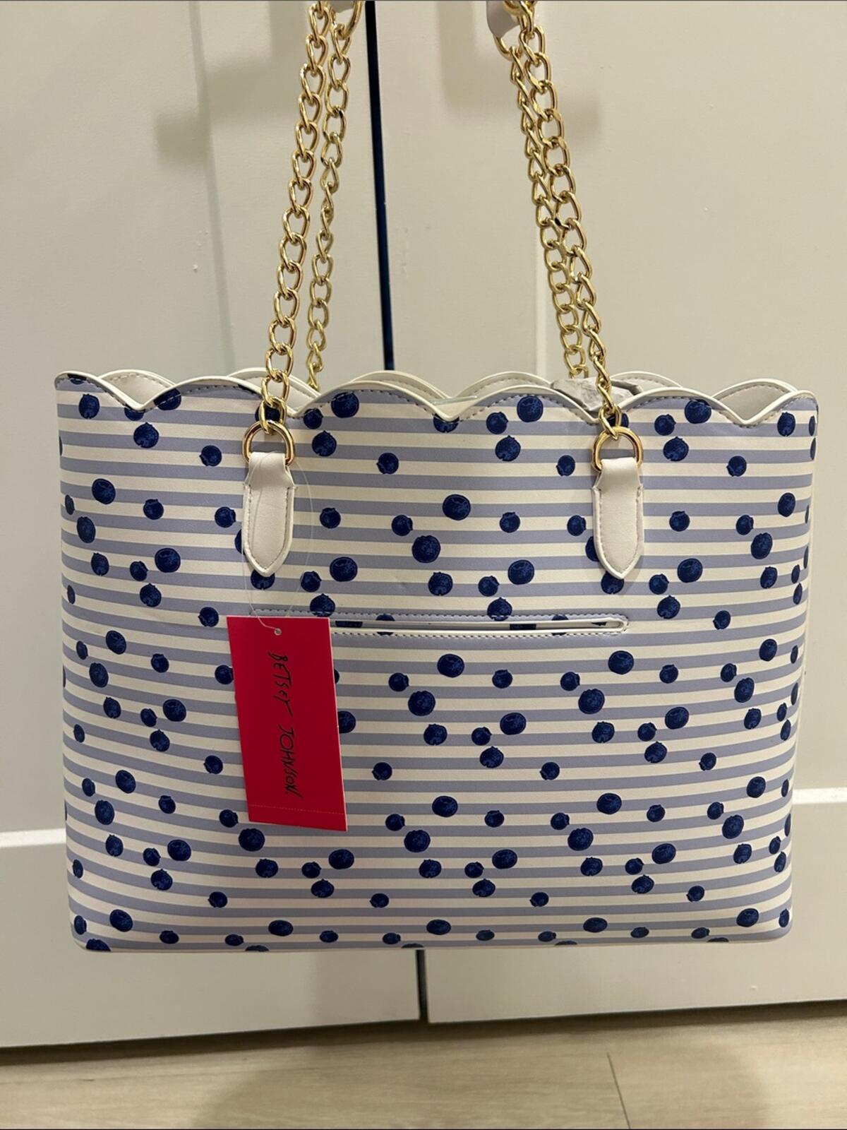 Betsey Johnson Blue Polka Dot and Stripe Scalloped Tote Bag with Pom Pom Charm