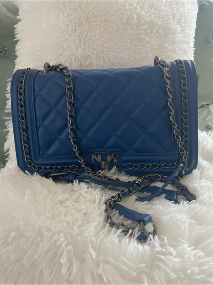 Badgley Misha Quilted Blue Leather Shoulder Bag with Chain Strap