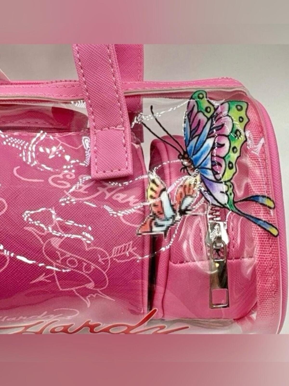 ED HARDY TRIO ft Clear & Pink Barrel Bag, Wristlet & Pouch NWT