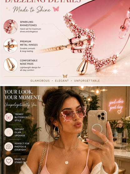 Sanrio rose Ombre Butterfly Rhinestone Sunglasses