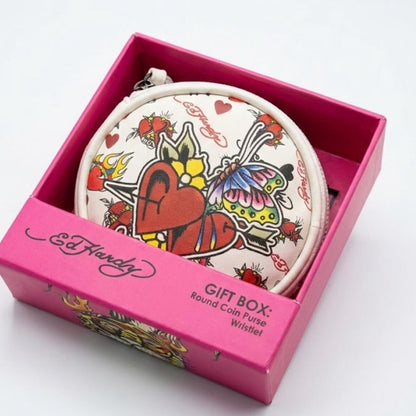 Ed Hardy Heart Butterfly Round Coin Purse Wristlet NWT Y2K