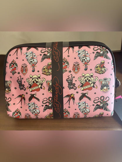 Ed Hardy Pink Cosmetic Case 2 Piece Set Love Heart Bow NWT