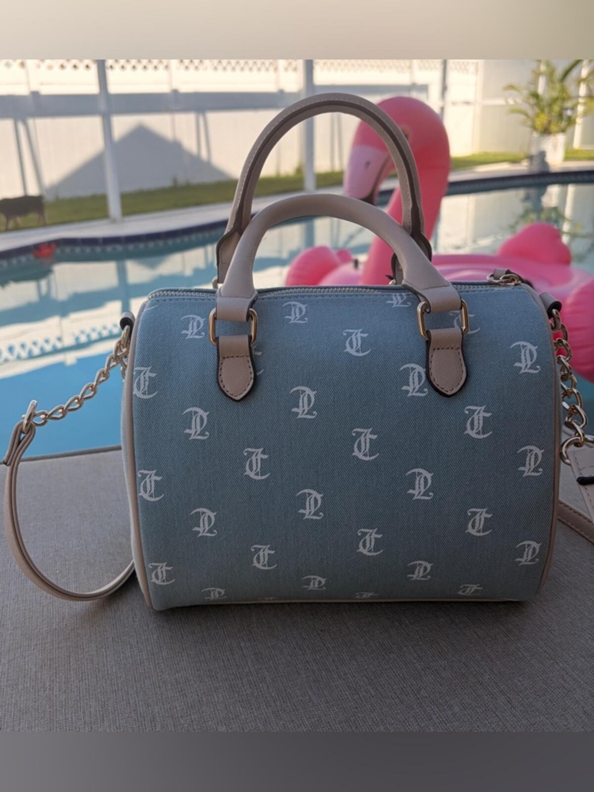 Juicy Couture Blue Monogram Satchel Handbag with Strawberry Charm
