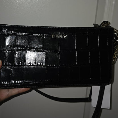 DKNY Black Croc Embossed Leather Crossbody Chain Strap NWT