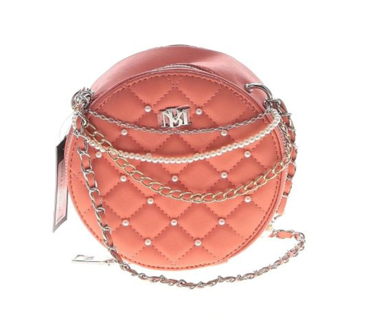 Badgley Mischka Orange Quilted Round Crossbody Bag with Chain and Pearl Detail