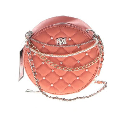 Badgley Mischka Orange Quilted Round Crossbody Bag with Chain and Pearl Detail