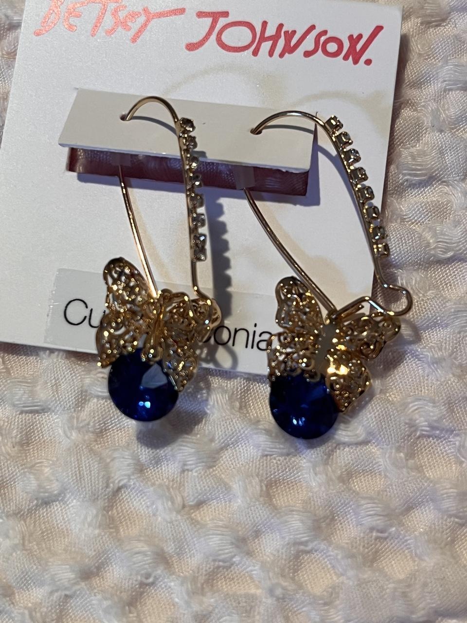 Betsey Johnson Gold Filigree Butterfly Blue CZ Crystal Drop Hoop Earrings NWT