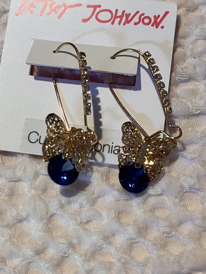 Betsey Johnson Gold Filigree Butterfly Blue CZ Crystal Drop Hoop Earrings NWT