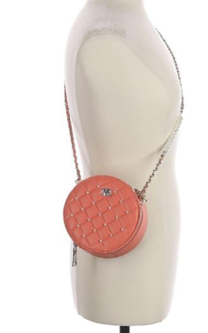 Badgley Mischka Orange Quilted Round Crossbody Bag with Chain and Pearl Detail