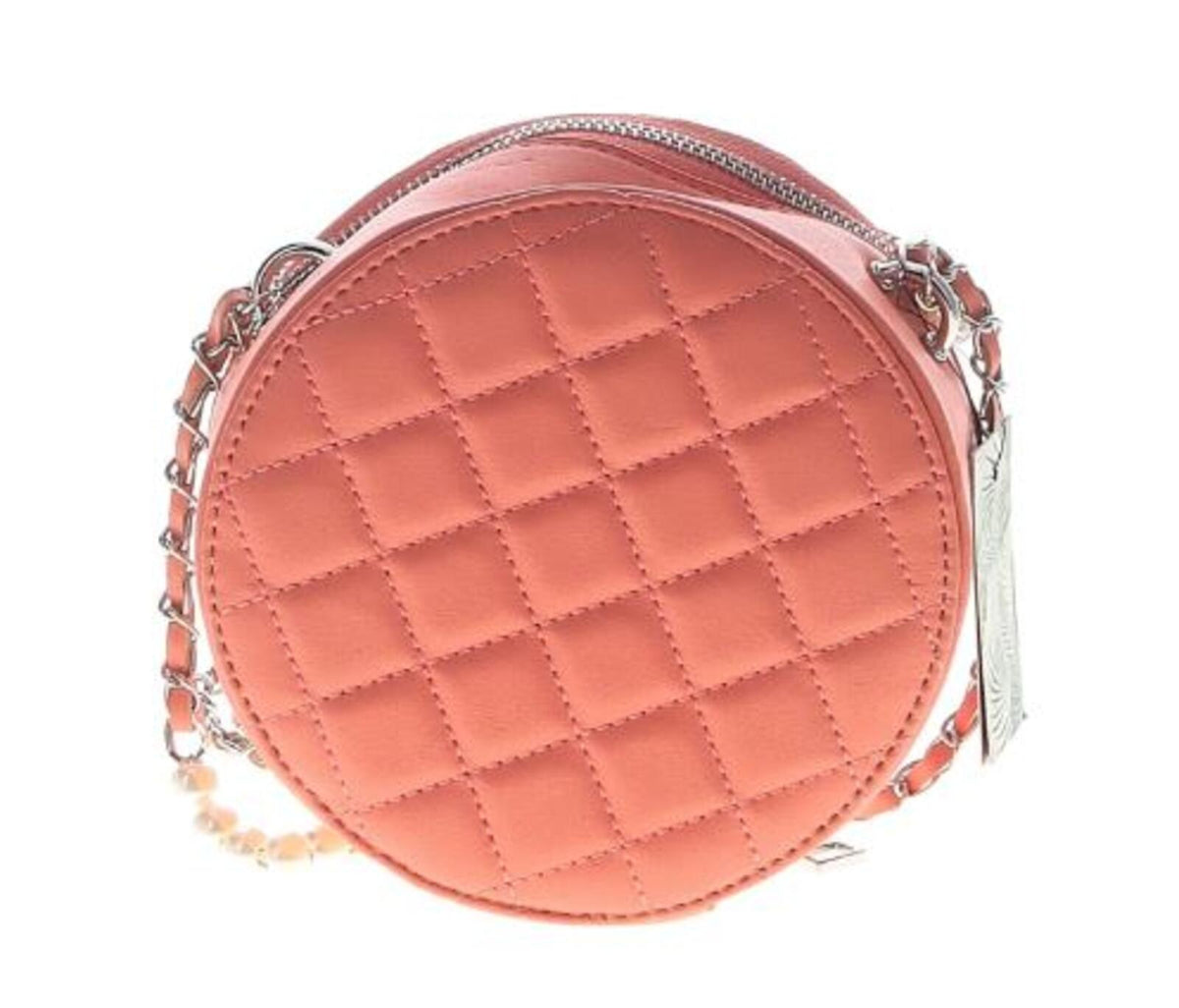 Badgley Mischka Orange Quilted Round Crossbody Bag with Chain and Pearl Detail
