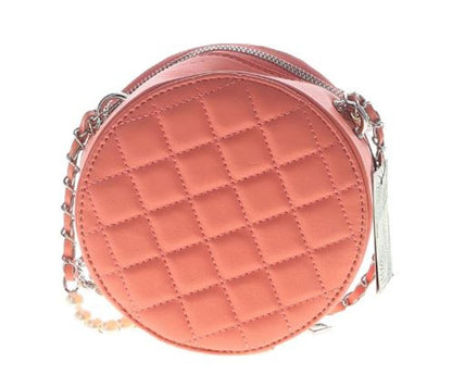 Badgley Mischka Orange Quilted Round Crossbody Bag with Chain and Pearl Detail