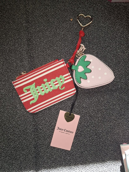 EXCLUSIVE Juicy Couture Red Stripe Wallet strawberry coin purse w charm