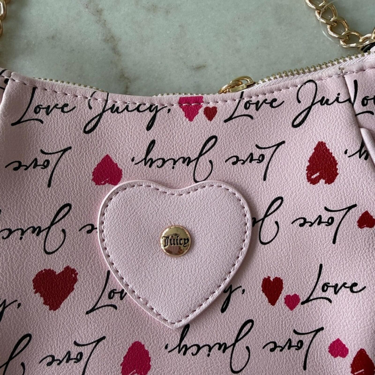 Juicy Couture Pink and Red Heart Print Mini Shoulder Bag with Gold Chain