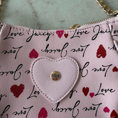 Juicy Couture Pink and Red Heart Print Mini Shoulder Bag with Gold Chain