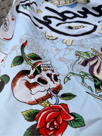 Ed Hardy Skull & Grim Reaper Graphic Scarf in Light Blue nwt