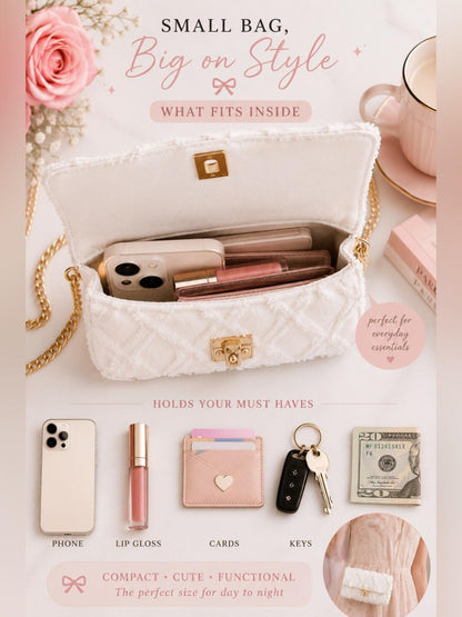 Coquette White Purse Bundle Crossbody Clutch Charm Bracelet NWOT