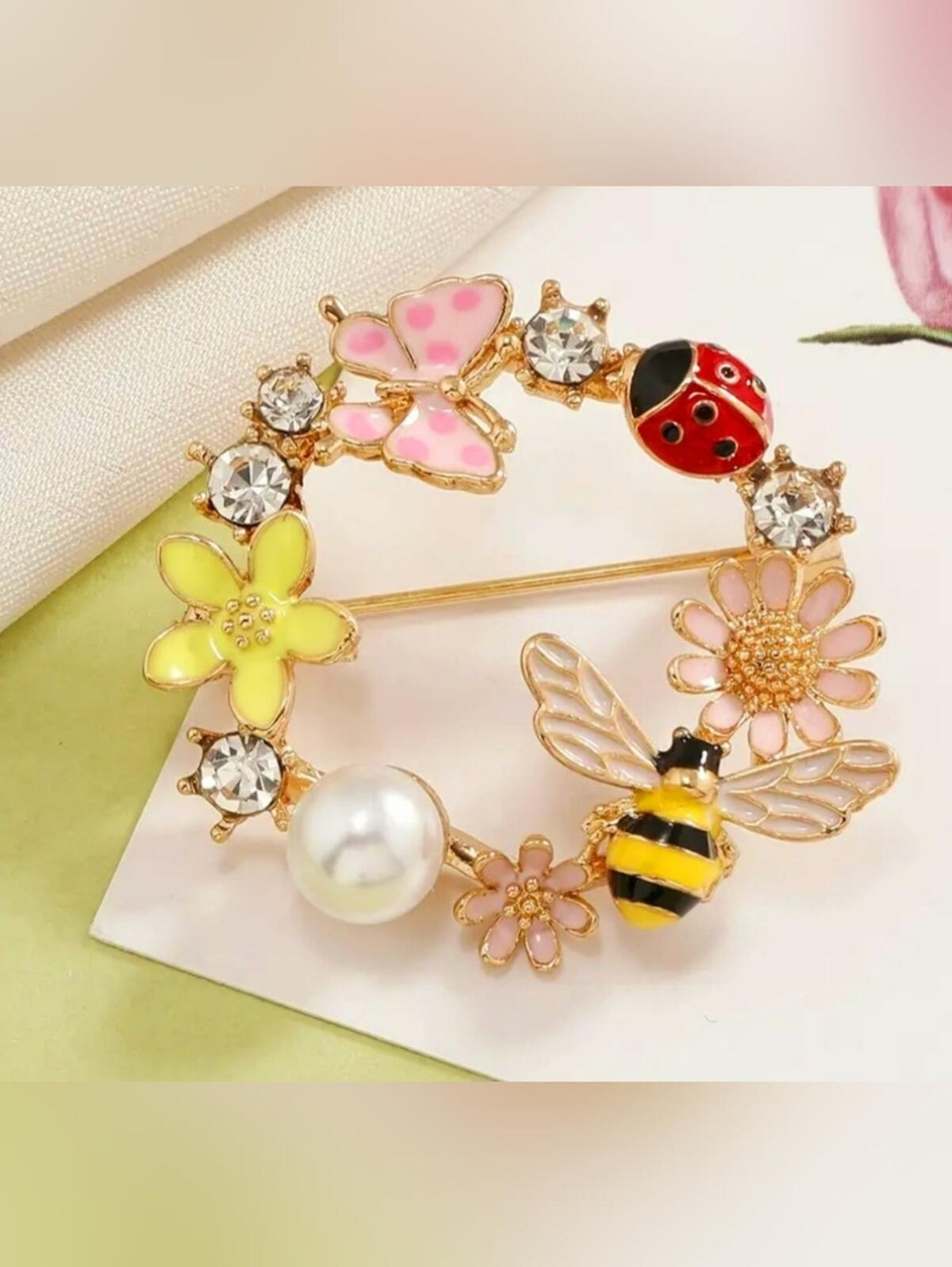 Wreath Floral Brooch with Bee, Ladybug, and Pearl
