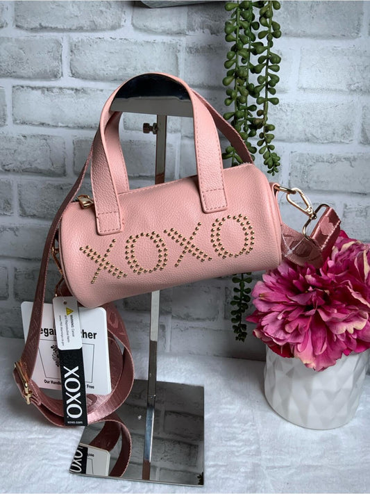 XOXO Pink Vegan Leather Mini Barrel Crossbody Bag with Brown Strap