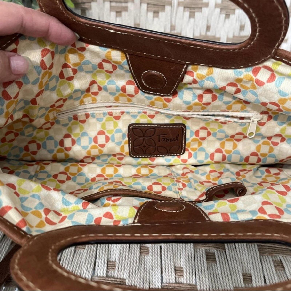 Fossil Canvas Leather Satchel Crossbody w/ Key Charm Like New