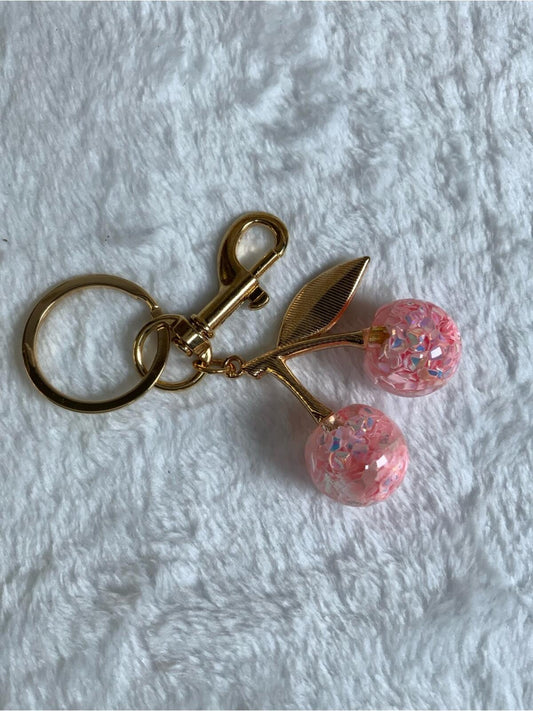 Gold Tone Cherry Keychain with Pink Bead Charm