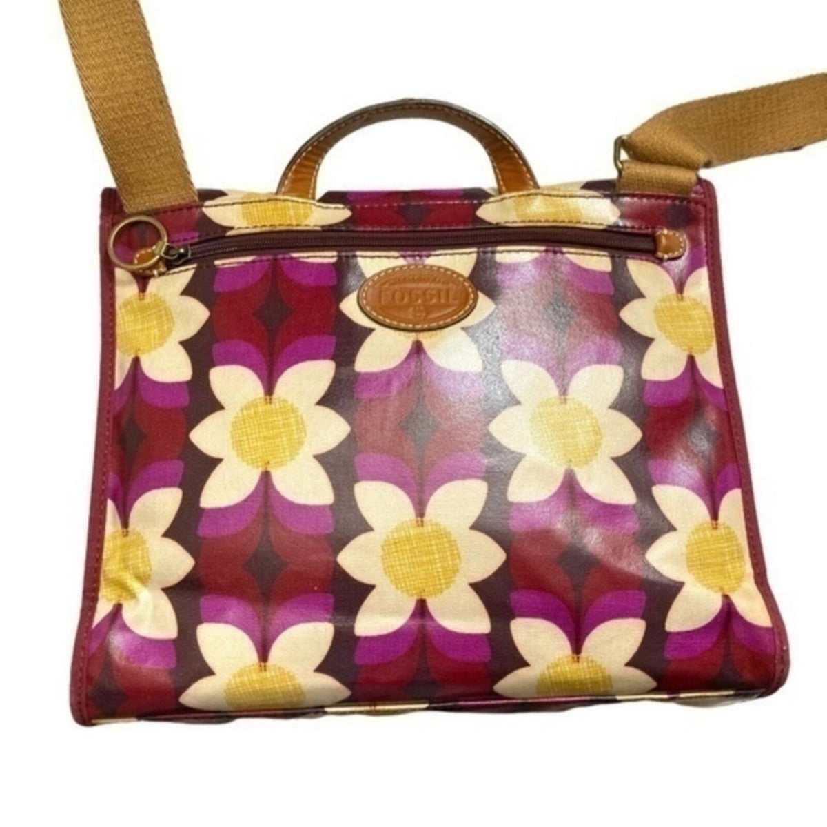 Fossil Key-Per Floral Canvas Crossbody Satchel Leather Trim Retro