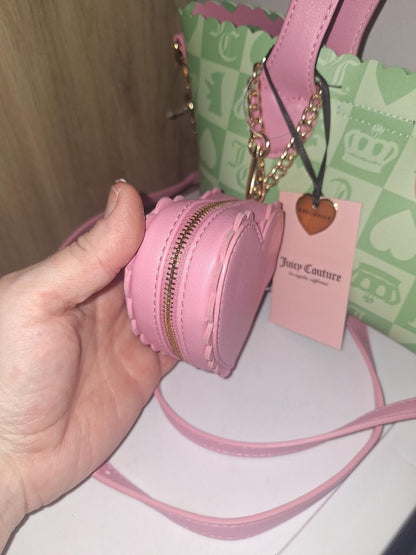 Juicy Couture Sweet Break Time Green Pink Checkerboard Tote Heart Charm