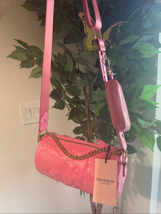 Juicy Couture Pink Quilted Barrel Crossbody Bag with Gold Chain Accent