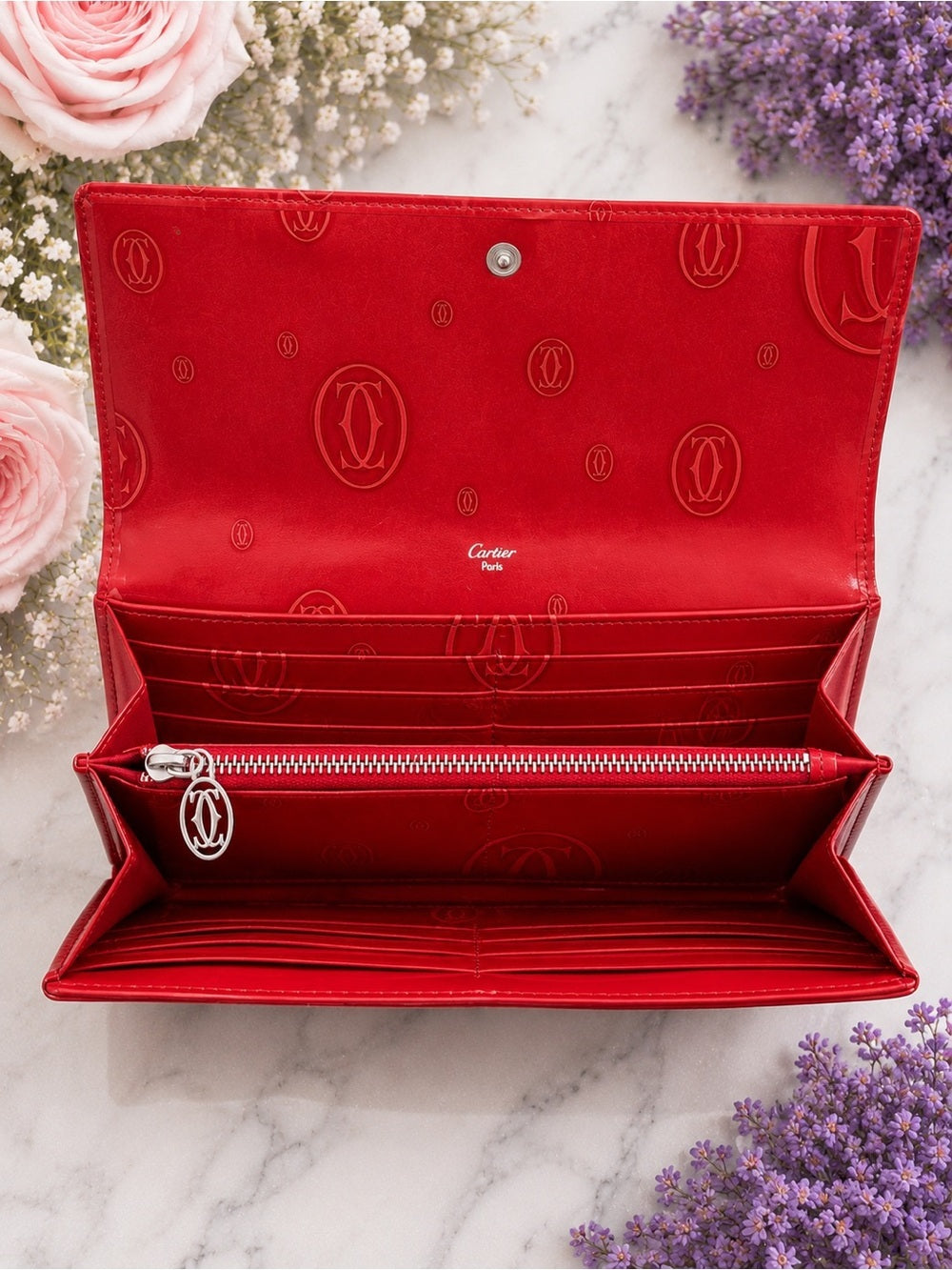 Vintage Cartier Happy BdayRed Patent Leather Flap Long Wallet Monogram C Charm