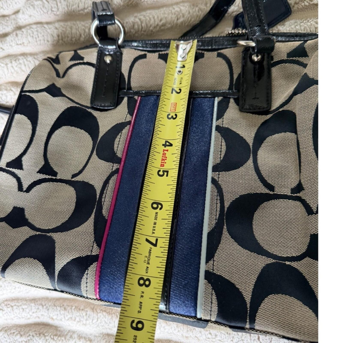 Coach Signature Stripe Satchel Bag Black Khaki Canvas Patent Leather F25526